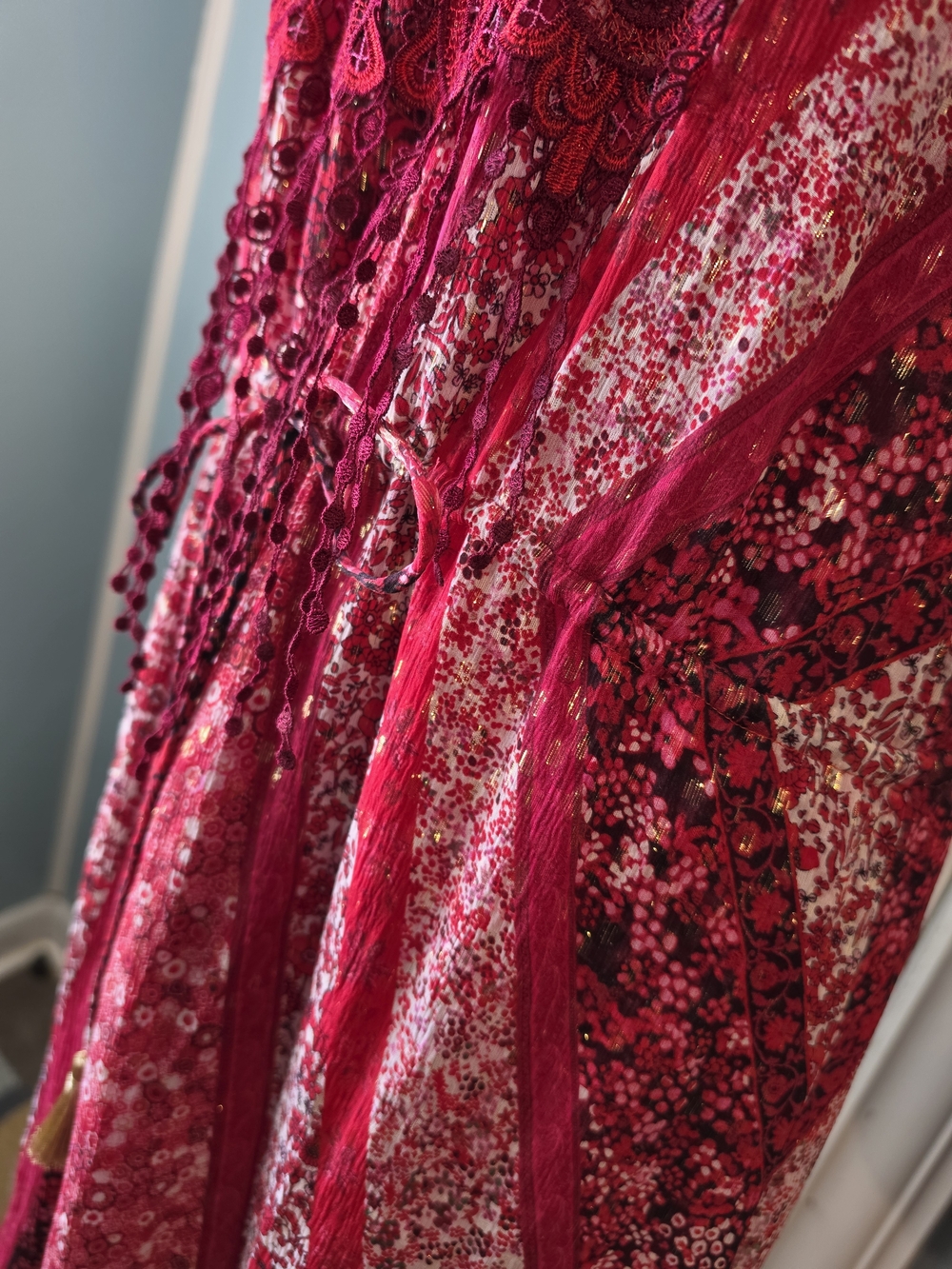 Elie Tahari Redwood McKenna Silk  Midi Dress Womens 8 Red Floral Boho Tassels - Picture 12 of 15